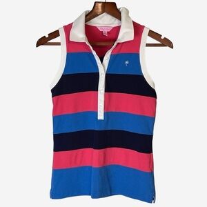 Lilly Pulitzer Sleeveless Polo Top Blue Pink Rugby Stripe Collared Preppy Y2K